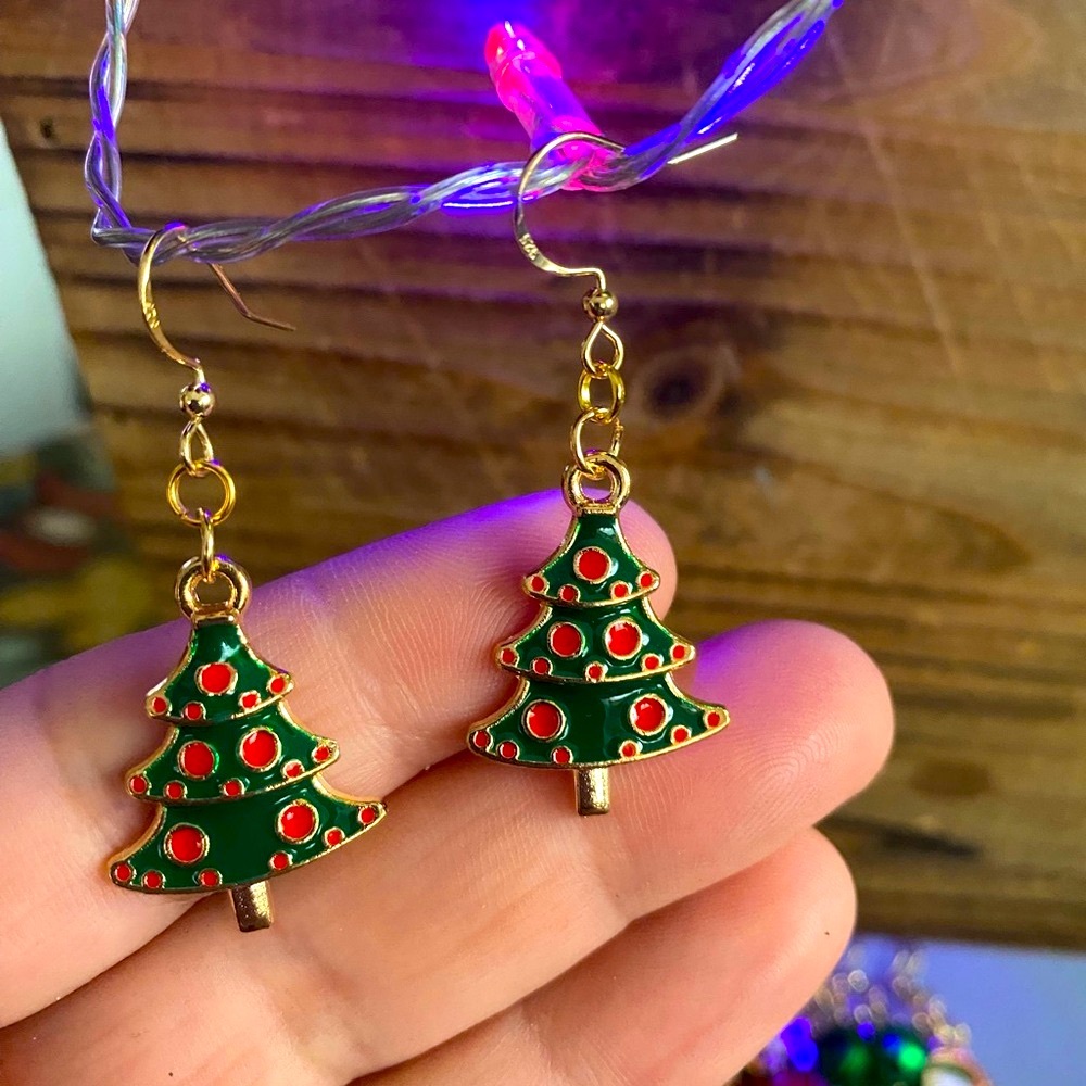 Festive Christmas Tree Earrings red green and gold